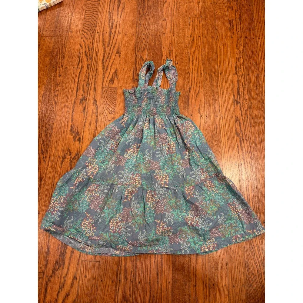 Tea Collection Girls Teal Floral Smocked Tiered Midi Dress Ruffle Straps Size 5